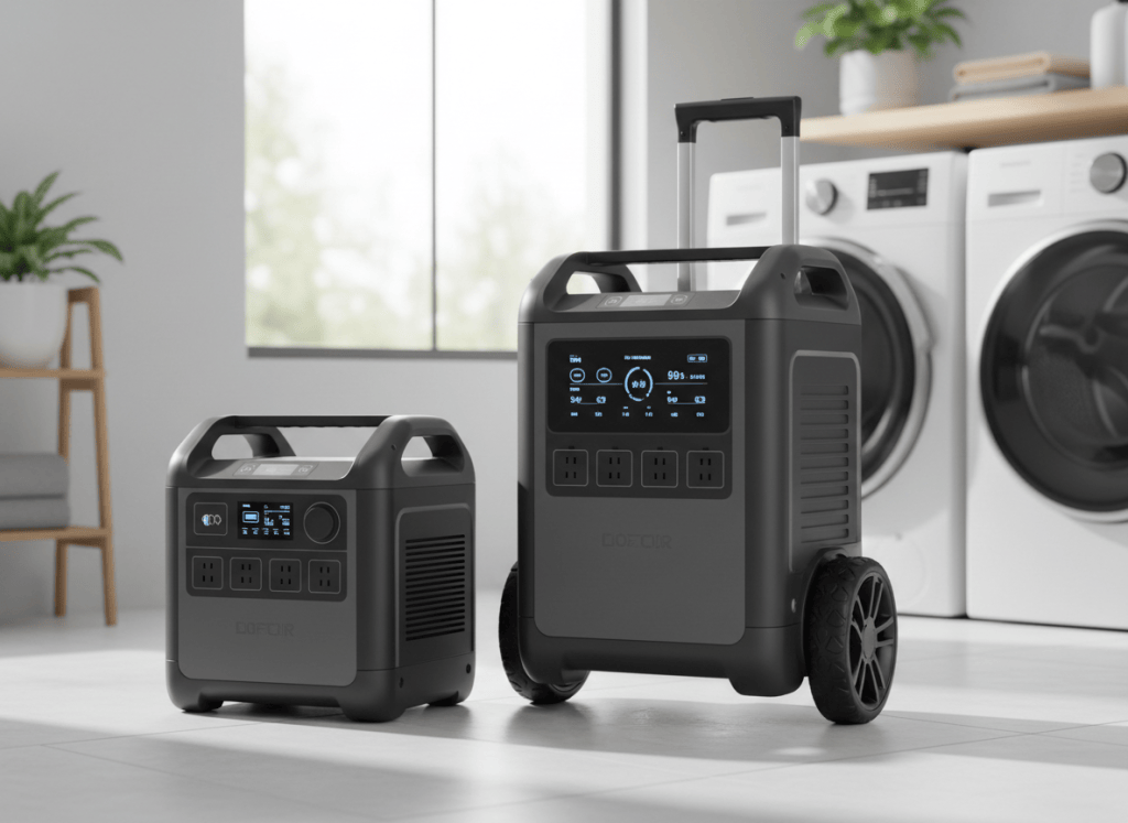 A medium and a larger portable power station side by side, showing the size difference between 1 kWh and 2 kWh units
