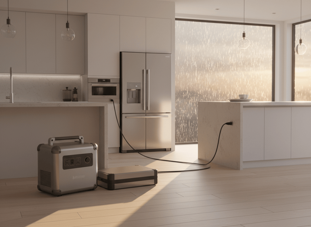 Large 2 kWh portable power station with an extra battery powering a refrigerator and microwave in a kitchen during a storm