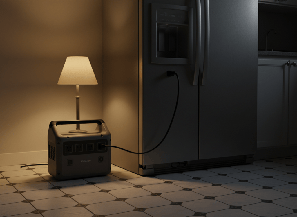 Mid-size portable power station on a kitchen floor powering a refrigerator and a lamp during an evening power outage