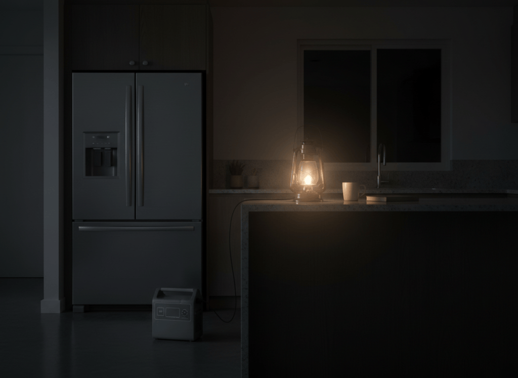 Refrigerator plugged into a portable power station in a kitchen during an outage