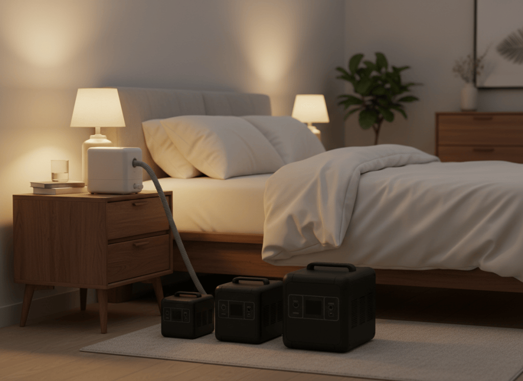 Several portable power stations of different sizes beside a bed with a CPAP machine on the nightstand