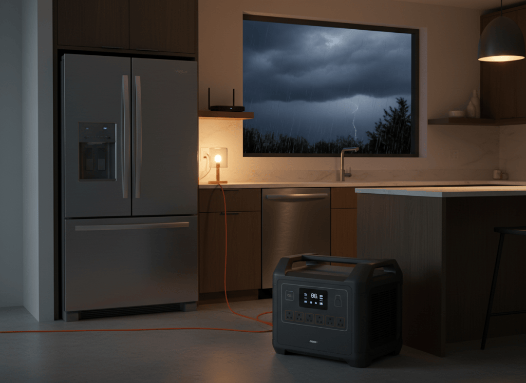 Large portable power station powering a refrigerator, router and lamp in a kitchen during a storm outage