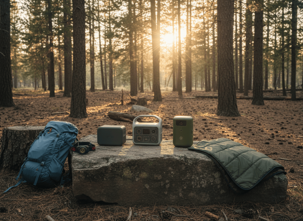 Three small portable power stations lined up at a forest campsite with a backpack and a folding solar panel
