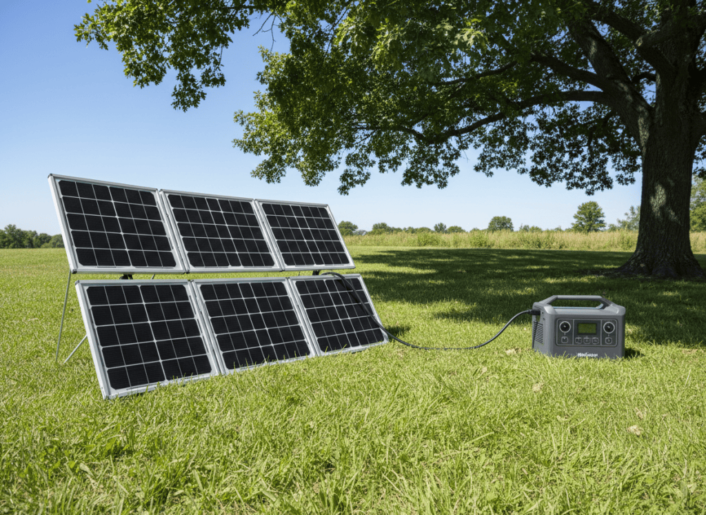 Foldable solar panels in the sun connected to a portable power station in the shade
