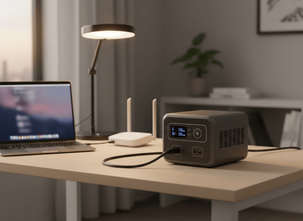 Compact 1 kWh portable power station powering a laptop and Wi-Fi router on a home office desk