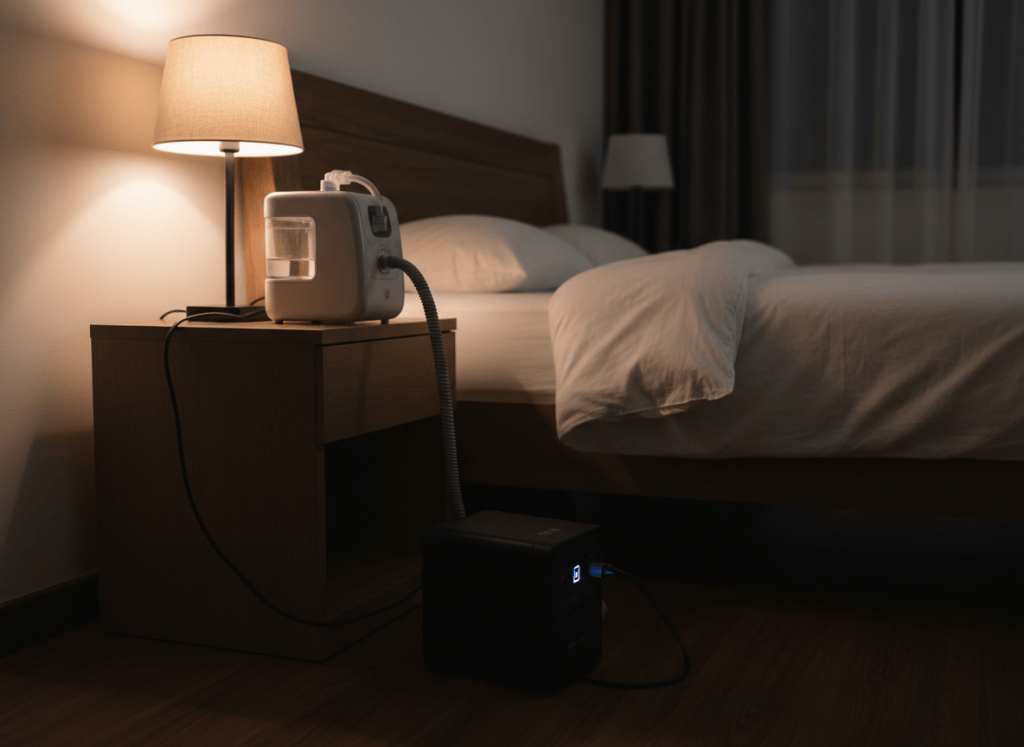 CPAP machine on a nightstand plugged into a portable power station in a dark bedroom
