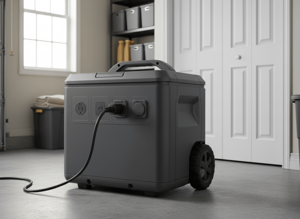Large wheeled home backup power station in a garage