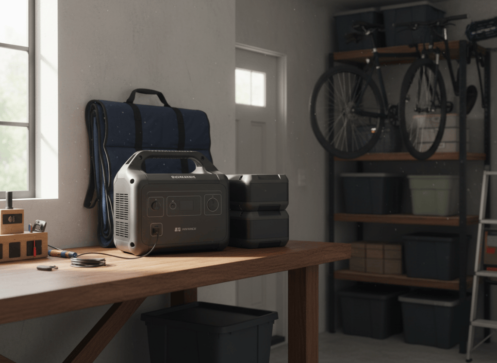 Portable power station with an add-on extra battery and a solar panel in a garage