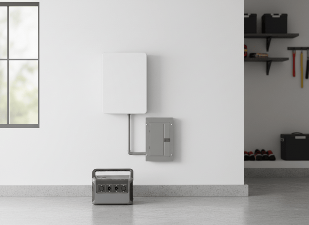 Wall-mounted home battery next to an electrical panel in a garage, with a portable power station on the floor below
