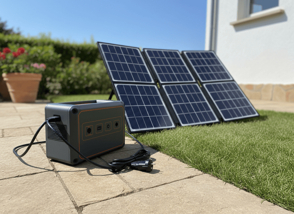 Portable power station charging from a foldable solar panel on a sunny patio