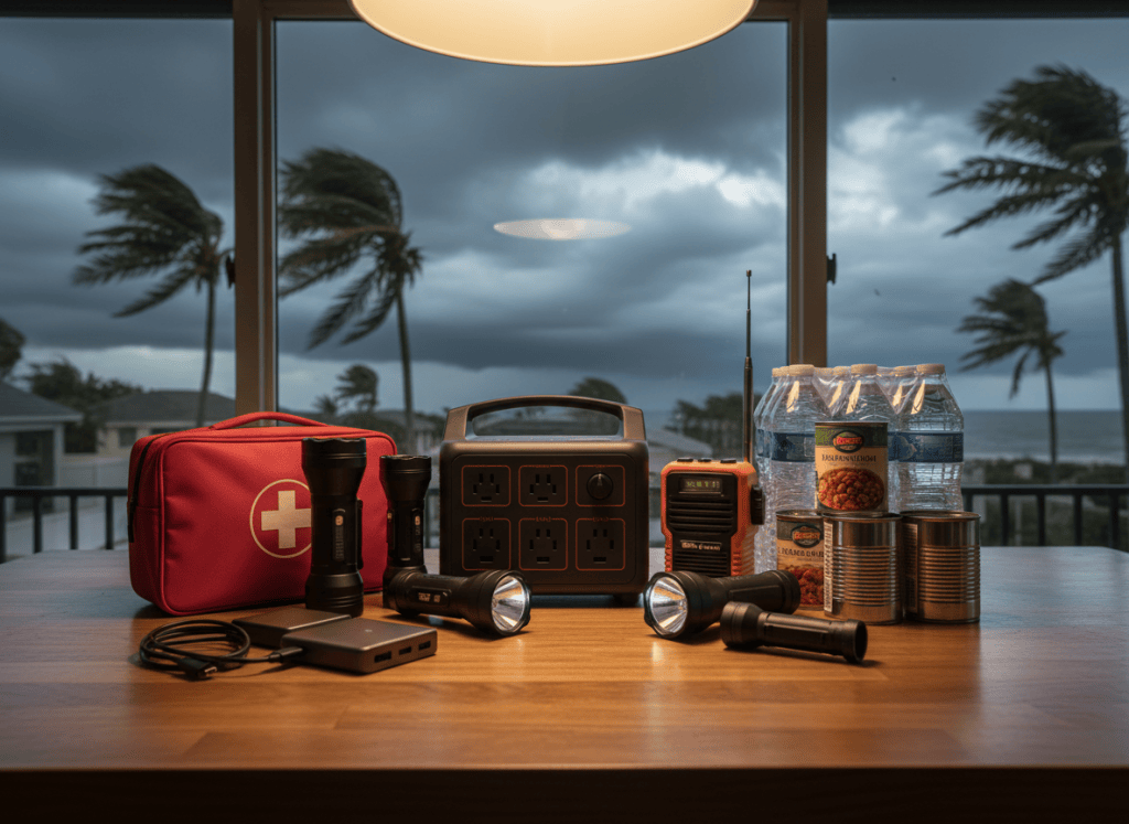 Hurricane preparation supplies with a portable power station on a kitchen table as a storm approaches