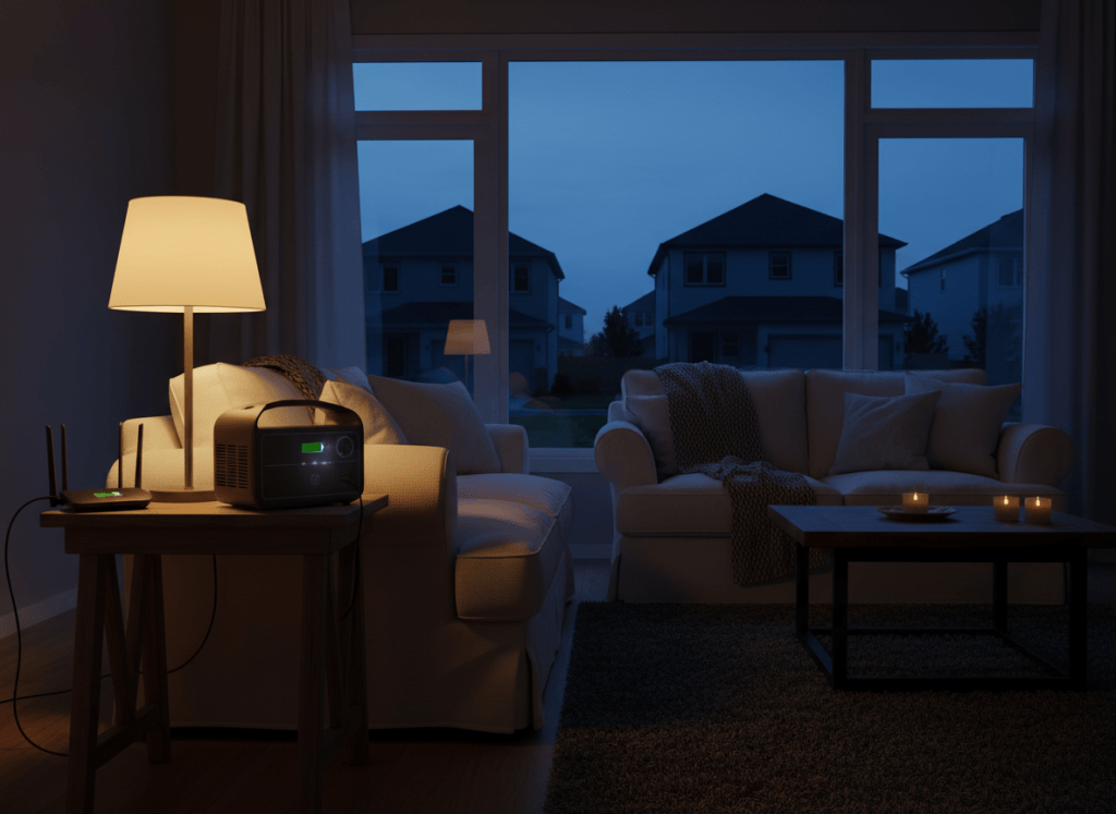 Portable power station keeping a lamp, Wi-Fi router and phone running in a living room during a neighborhood power outage