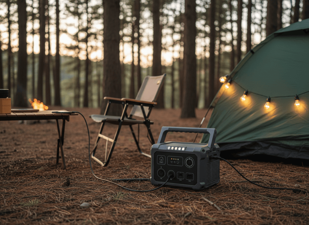 Compact portable power station powering camp lights next to a tent at dusk