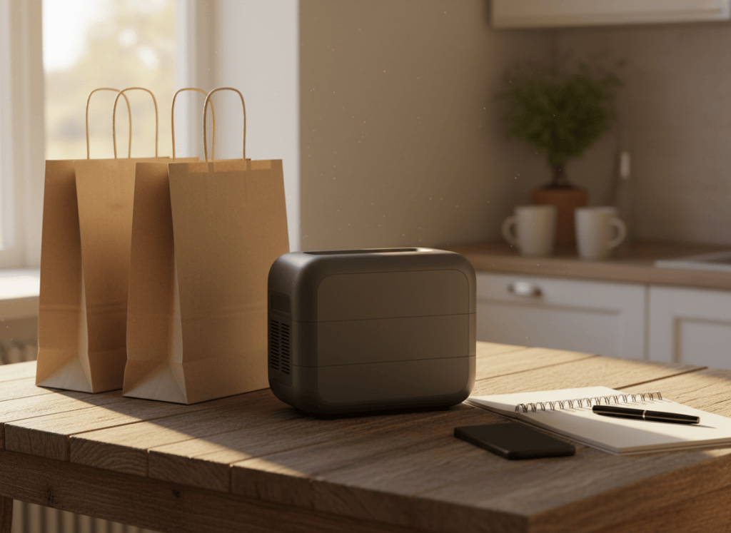 Unbranded portable power station on a kitchen table beside shopping bags and a notepad, ready for holiday deal research