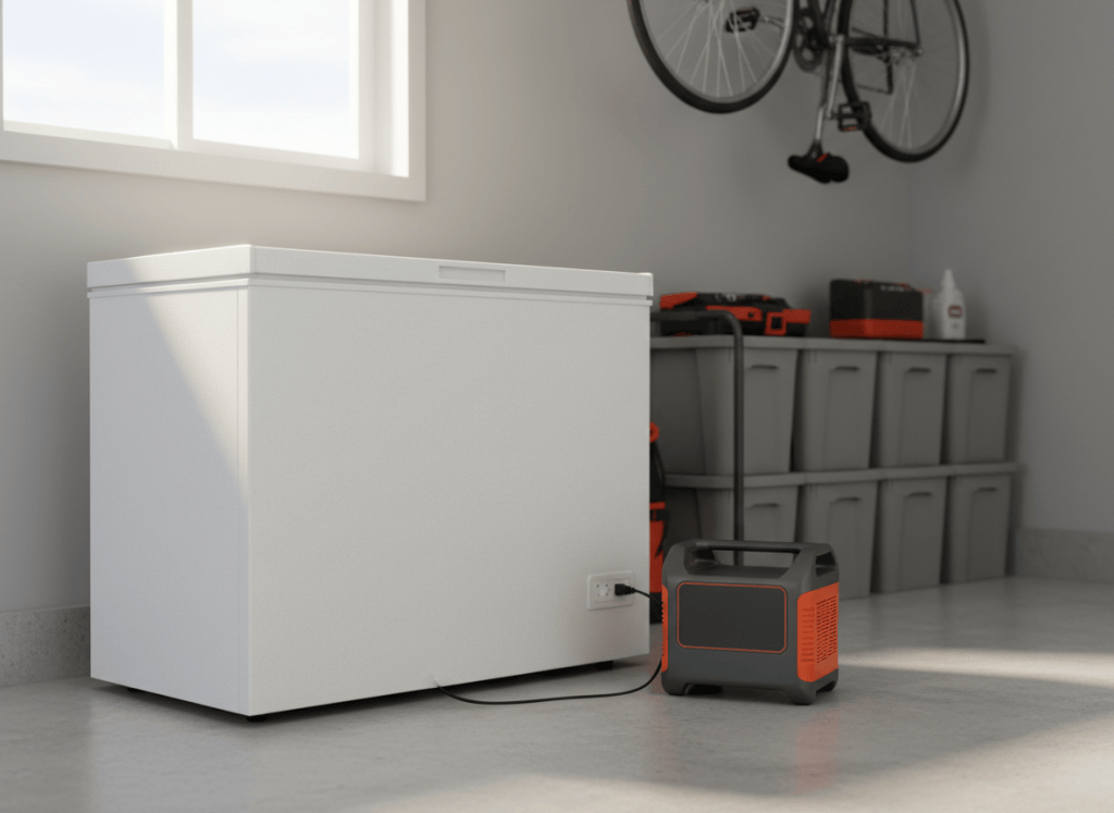 Chest freezer in a garage plugged into a portable power station