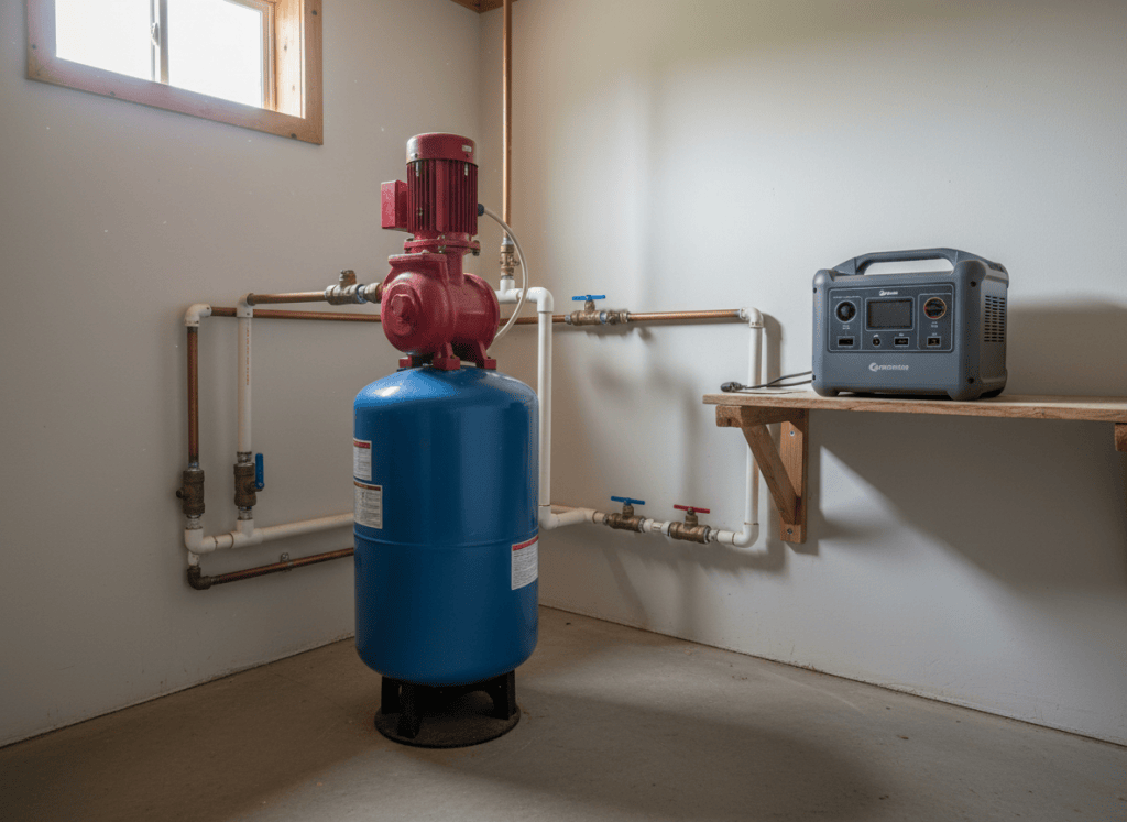 Well jet pump and pressure tank in a utility room with a portable power station on a shelf