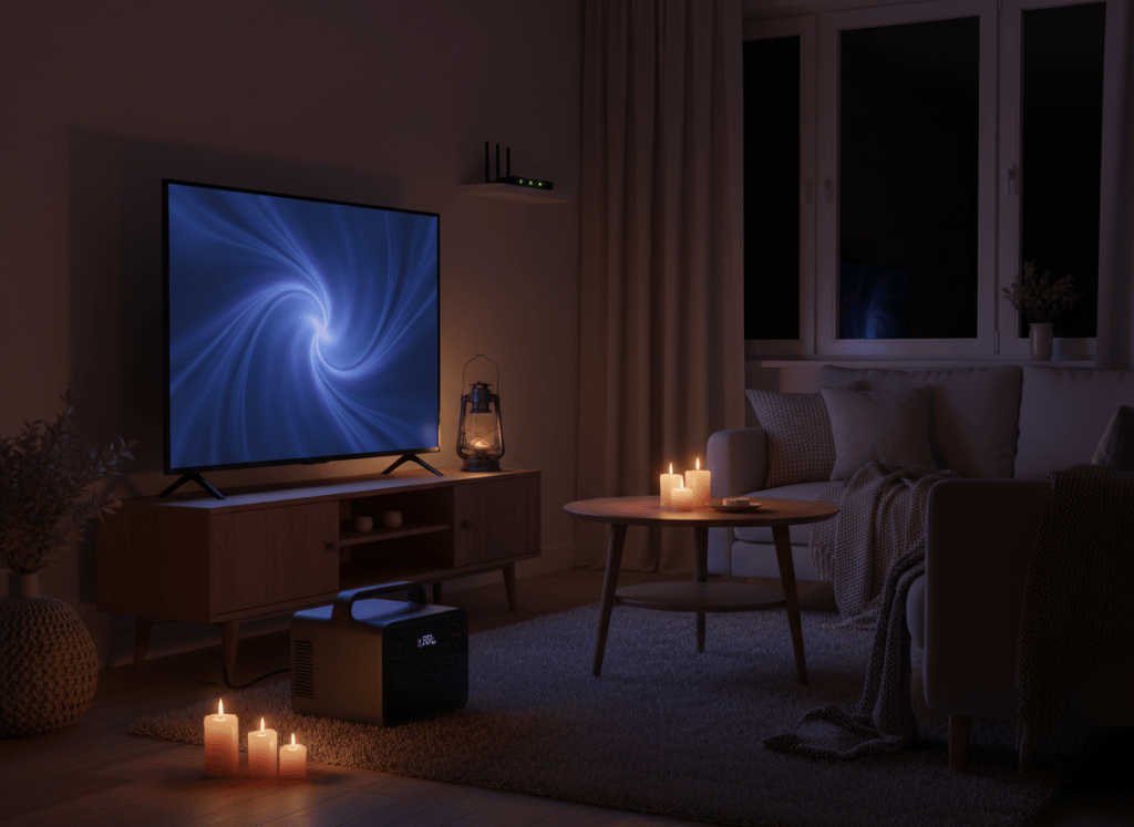 TV and Wi-Fi router running from a portable power station during a night outage