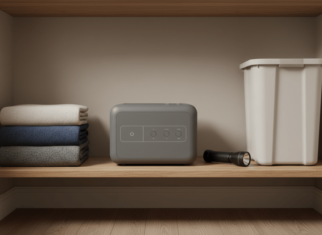 Portable power station stored on a shelf in a dry indoor closet next to blankets and a flashlight