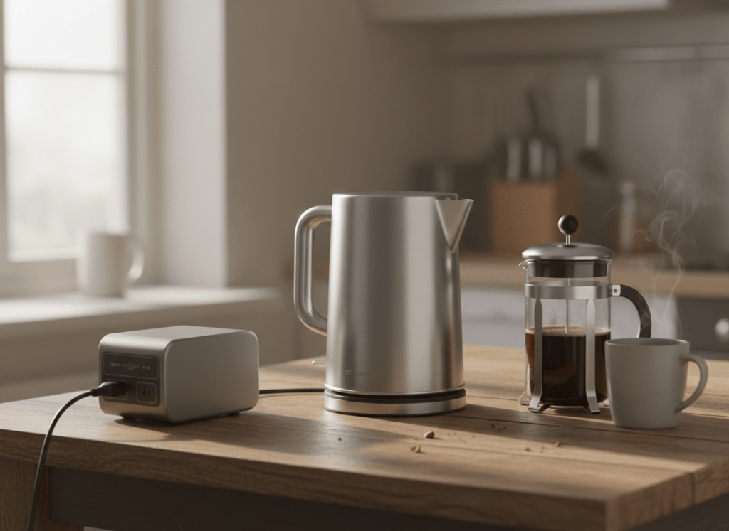 Electric kettle and French press coffee powered by a portable power station on a kitchen table