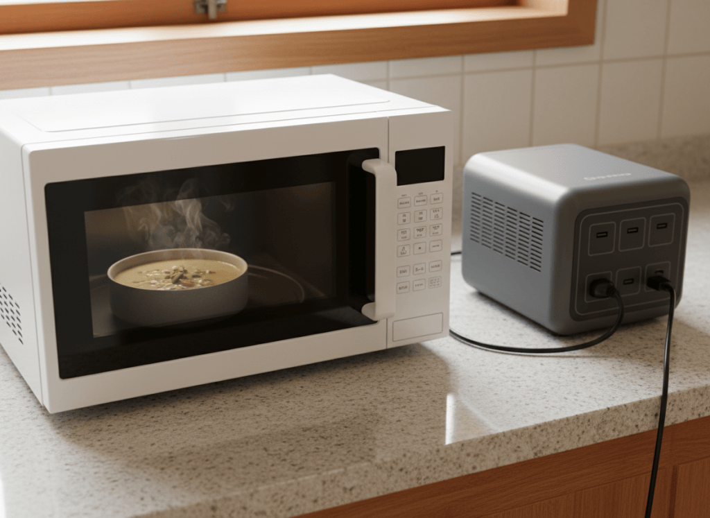 Countertop microwave plugged into a portable power station on a kitchen counter