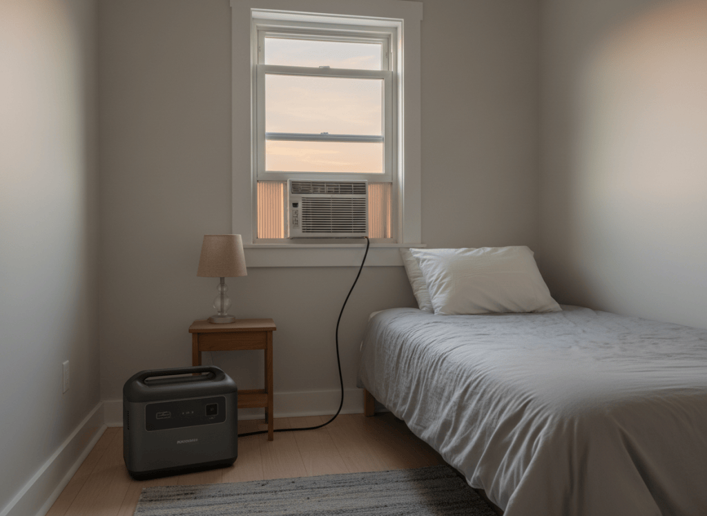 Window air conditioner in a bedroom plugged into a portable power station on the floor