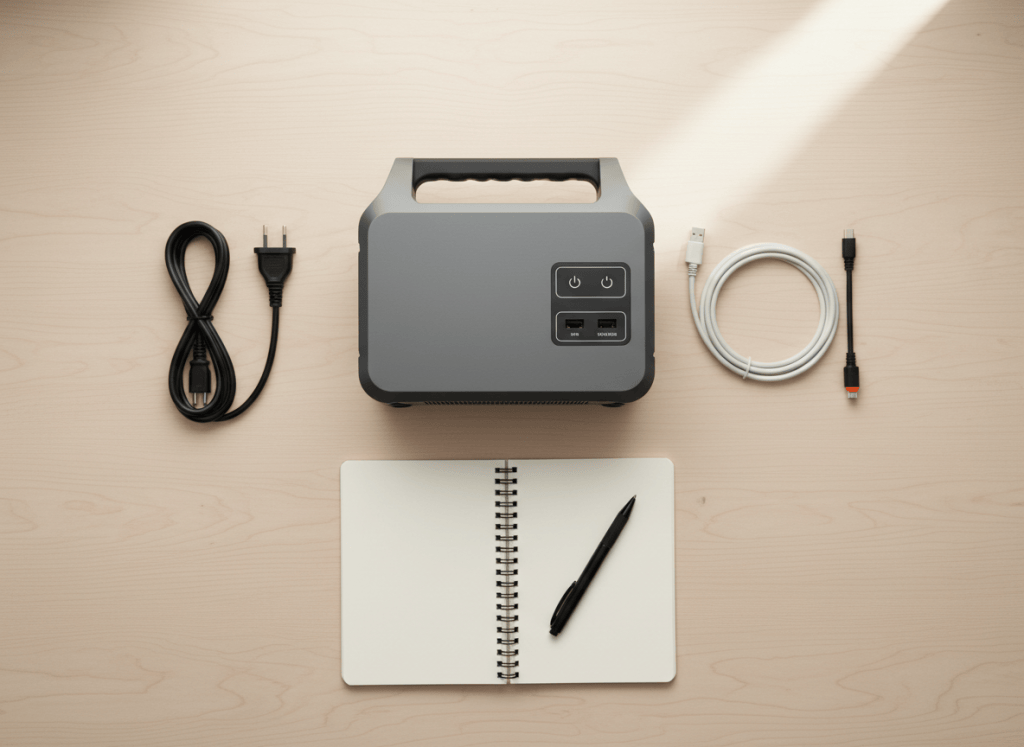 Portable power station with charging cables and a notebook on a desk