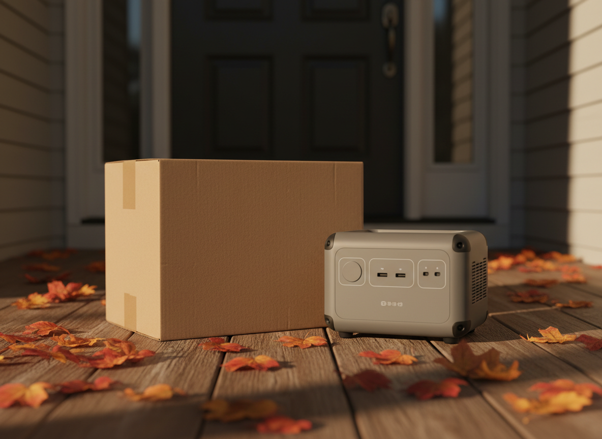 Delivery box and a portable power station on an autumn porch