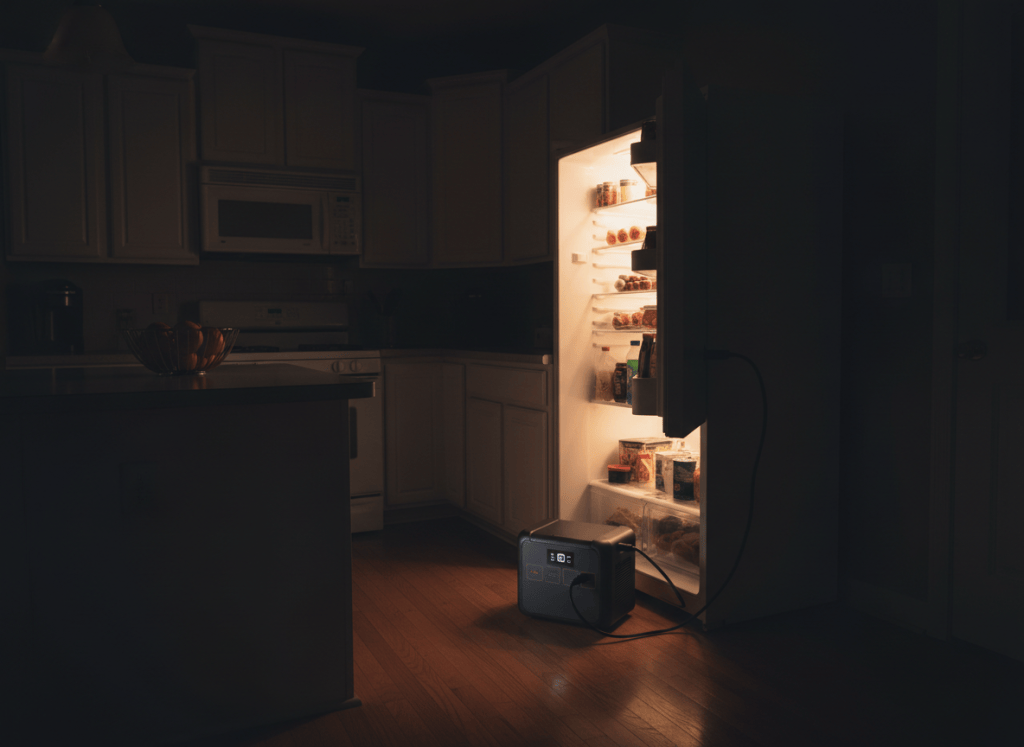 Refrigerator plugged into a portable power station in a dark kitchen during a power outage