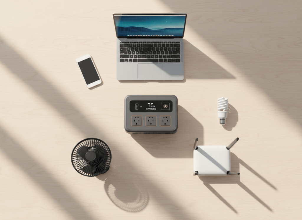 Portable power station surrounded by household devices: phone, laptop, LED bulb, fan and Wi-Fi router