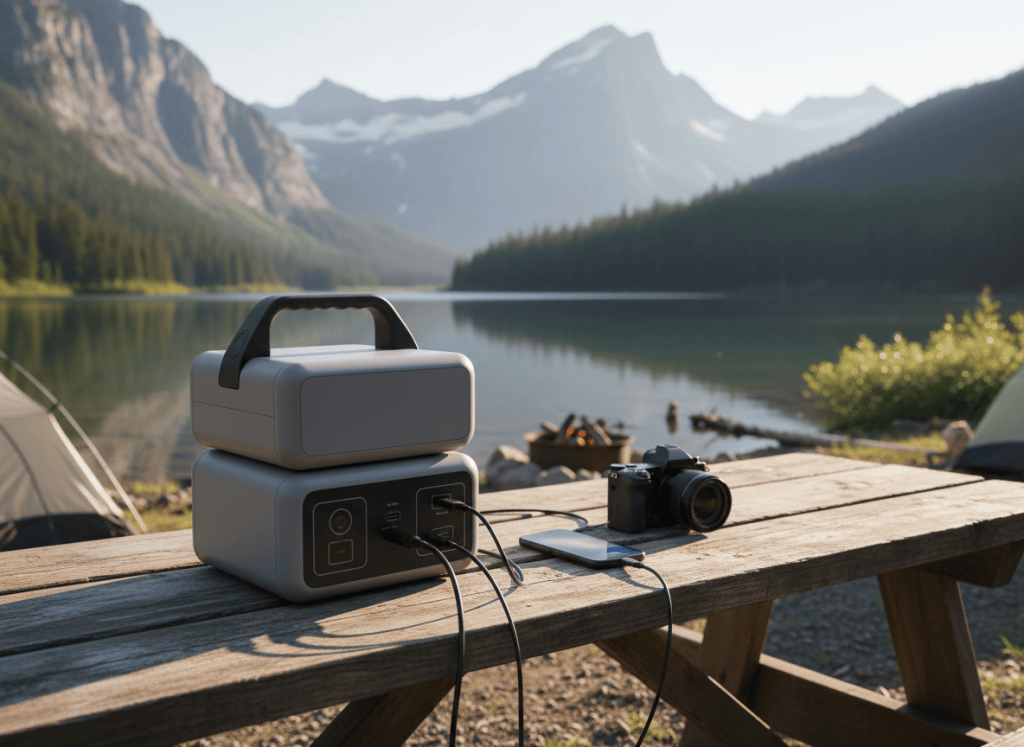 Small portable power station with a stacked extra battery on a picnic table at a lakeside campsite