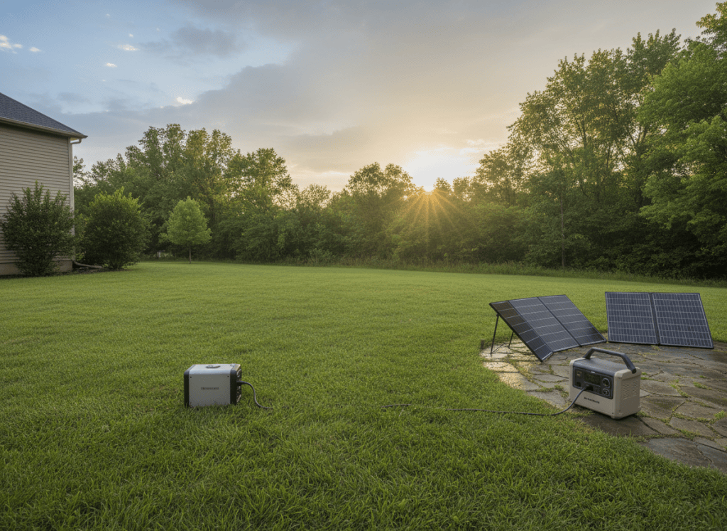 Gas generator on a lawn far from the house next to solar panels charging a portable power station on a patio