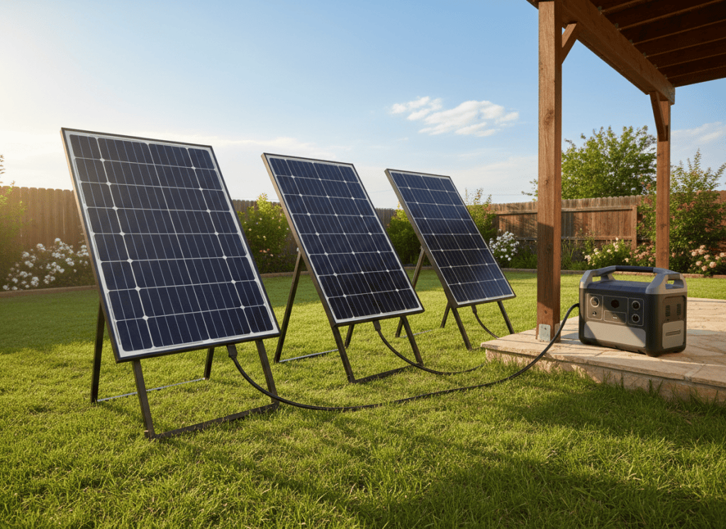 Three solar panels in a backyard charging a large portable power station