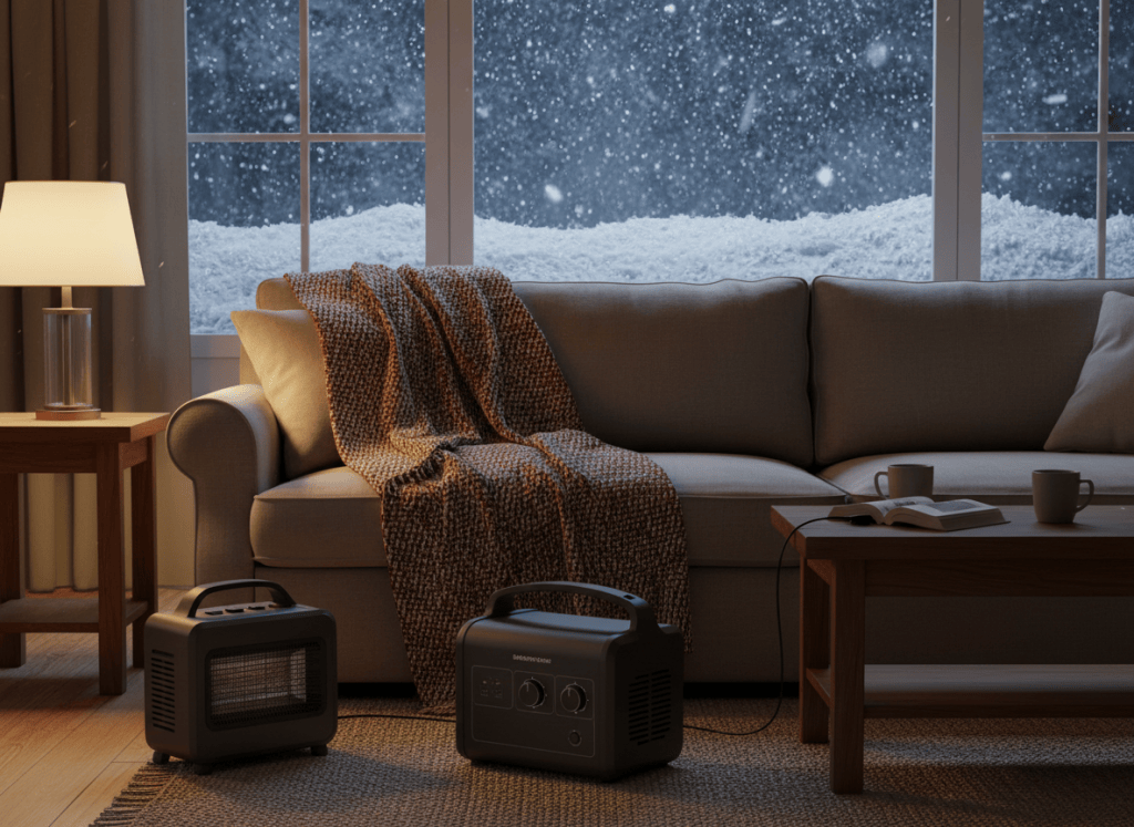 Heated blanket plugged into a portable power station in a living room during a winter outage, with a space heater nearby