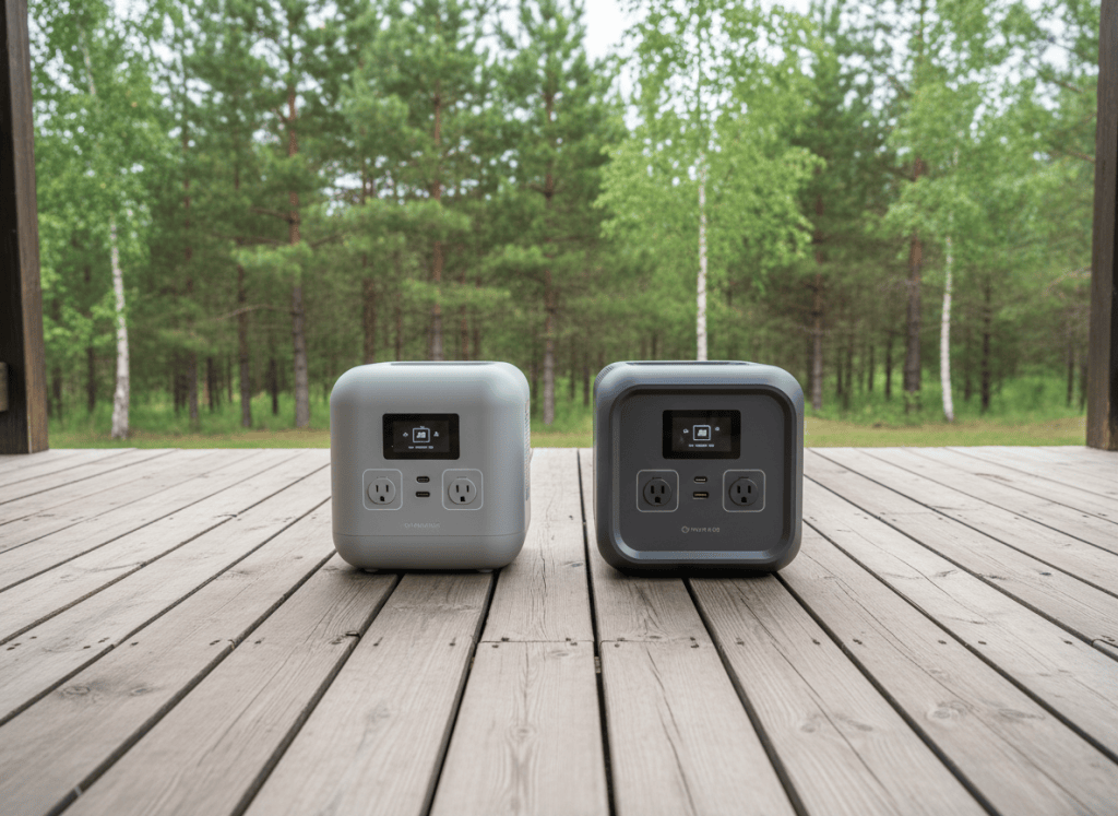 Two similar 1 kWh portable power stations side by side on a cabin deck